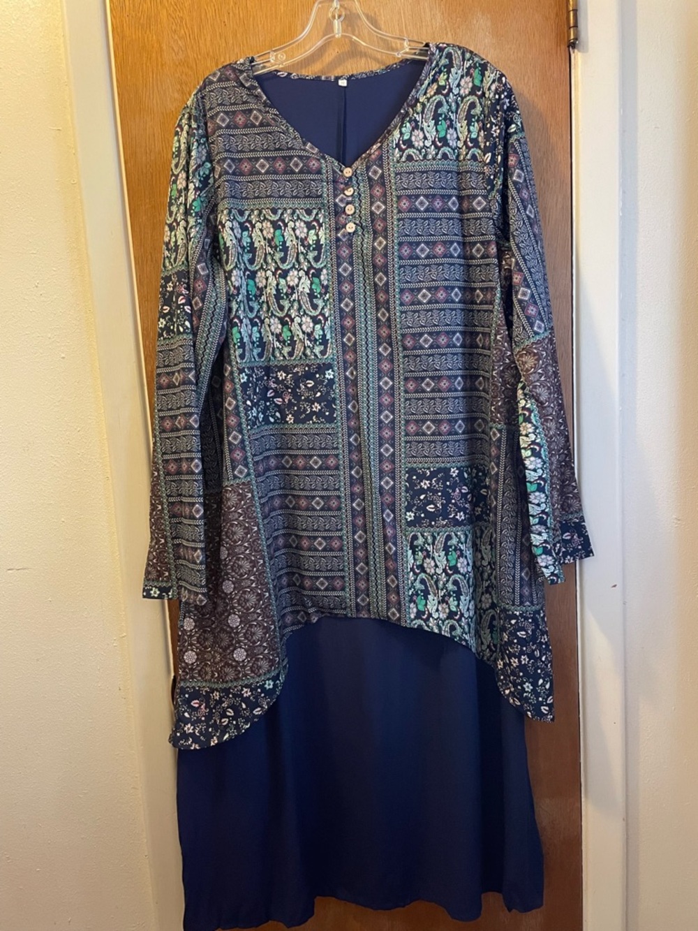 Long Sleeve Navy & Teal Printed Maxi Dress Sz 2XL